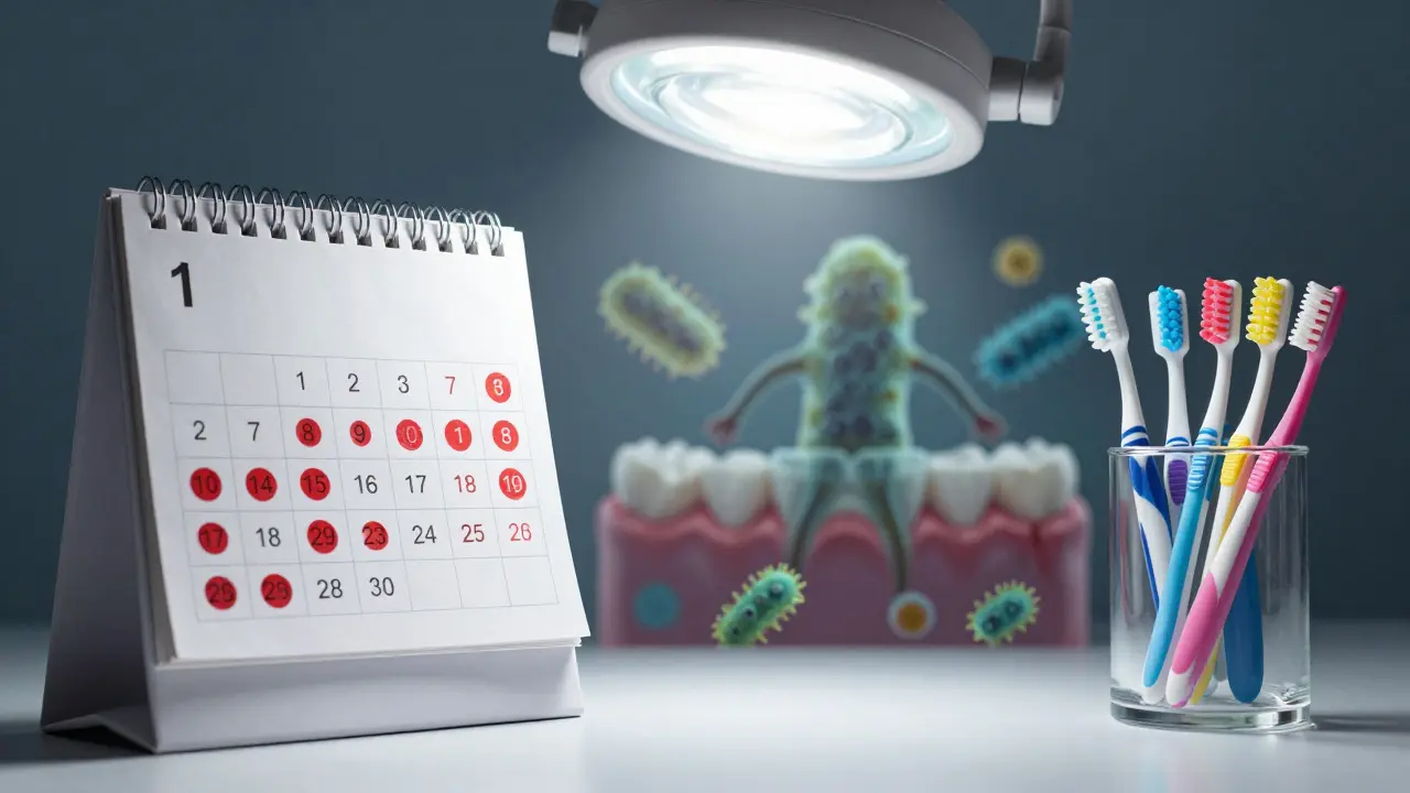 Barvité mezizubní kartáčky v držáku s kalendářem označujícím každé 3 týdny, za pozadím plak.