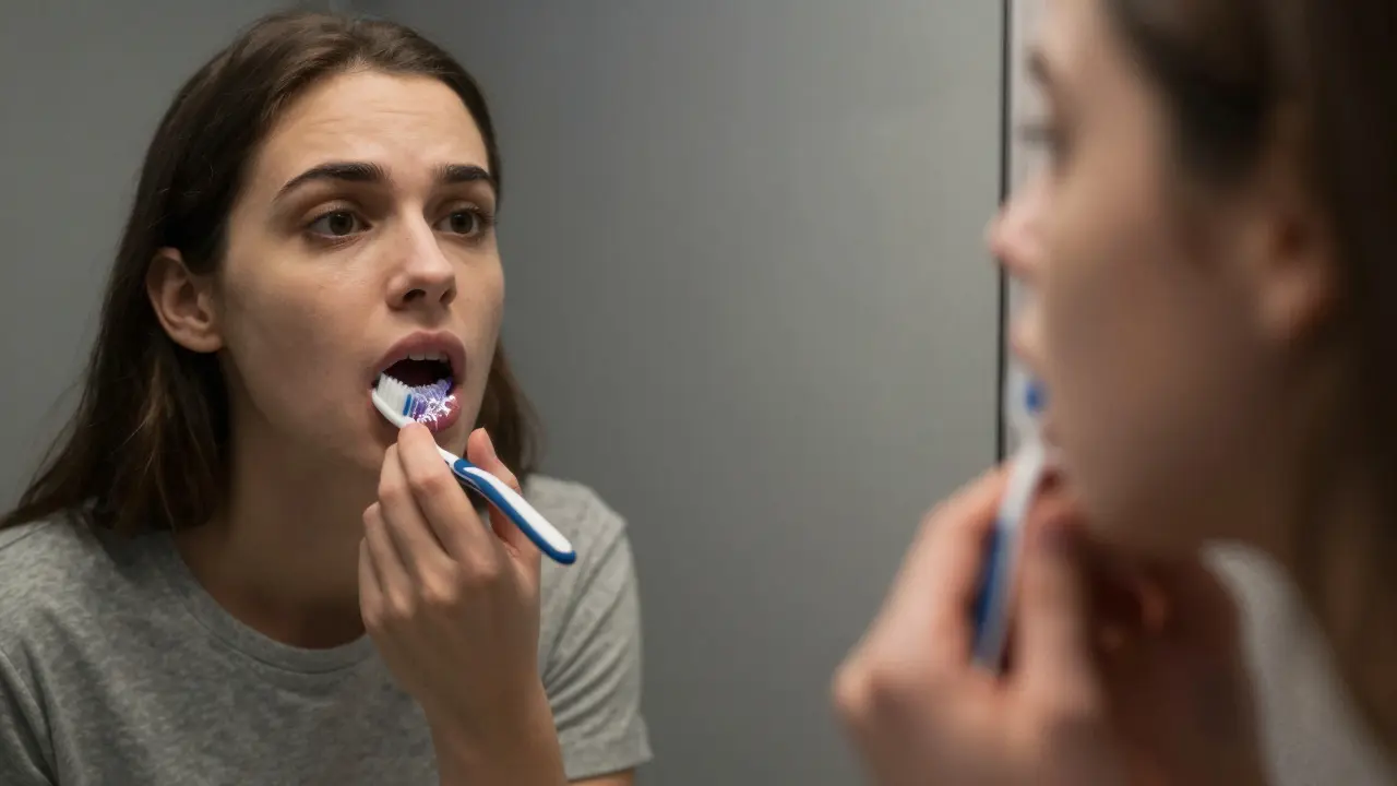 Člověk se dívá do zrcadla a vidí krev na dásních a kámen na zubech.