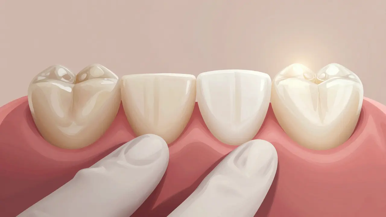 Dentista přilepuje porcelánovou vložku na zub, srovnání před a po.