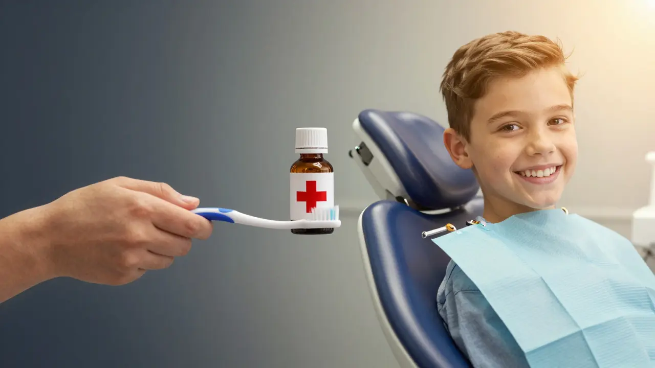 Dítě drží zubní kartáček vedle starého tetracyklinu, přechod do moderního úsměvu.