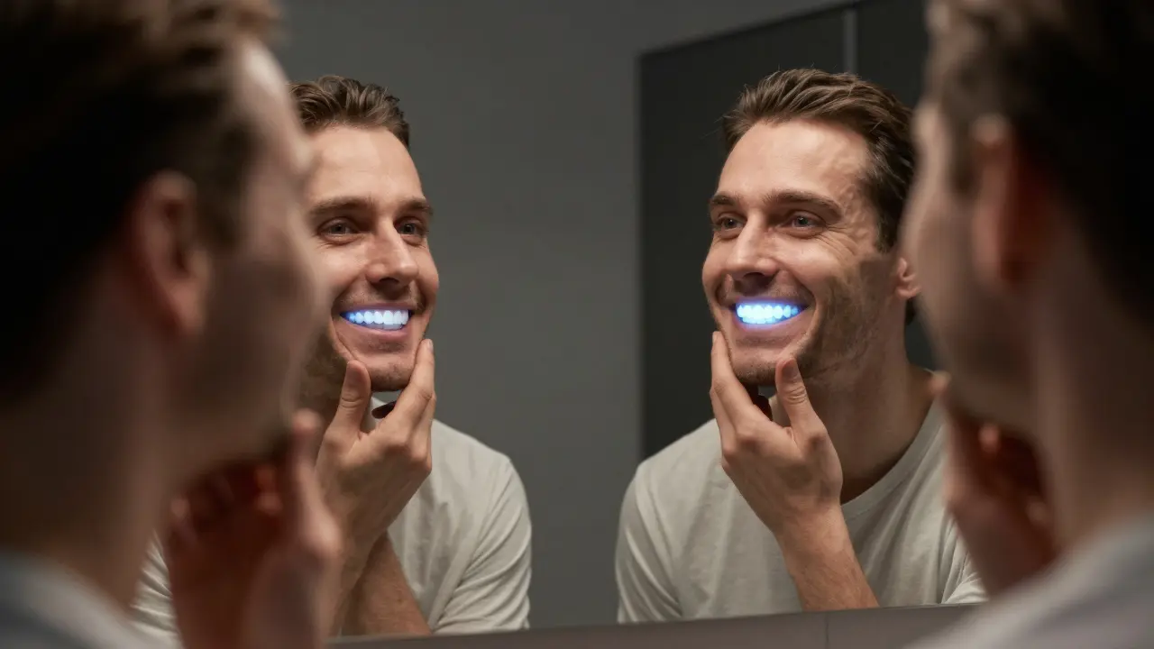 Dospělý se dívá do zrcadla, kde je jeho zuby částečně překryty ideální řadou.