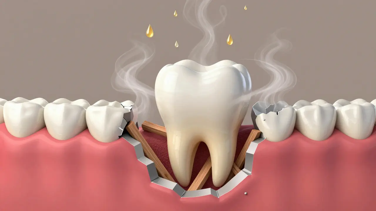 Ilustrace zubu jako domu s poškozeným základem a vystavenými trámy dentinu.