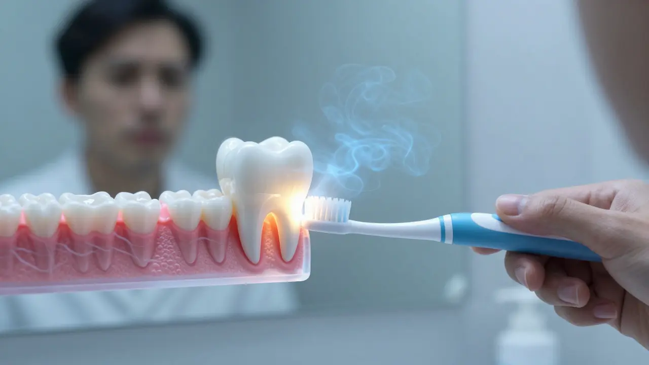 Jemný elektrický kartáček čistí zuby, s transparentním zobrazením mikroskopických tubulů.