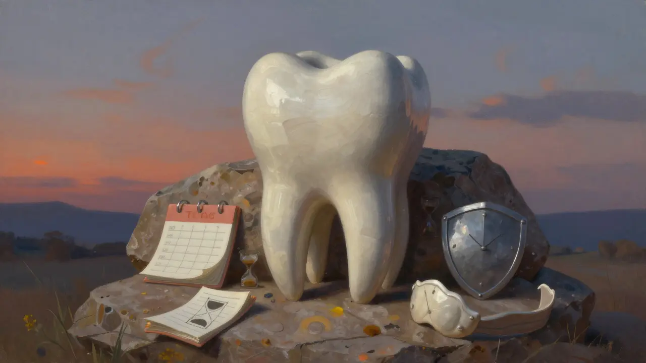 Keramická plomba jako odolný kámen v zubu, symbolizující dlouhodobou trvanlivost.