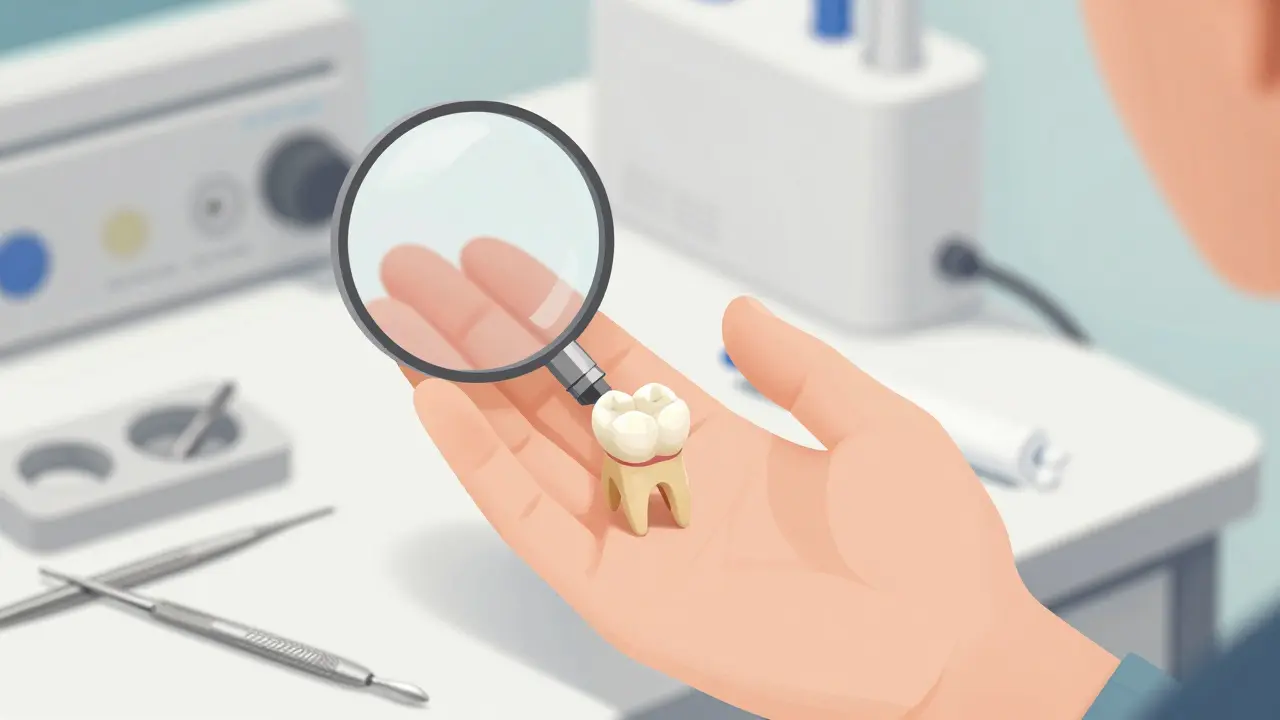 Keramická vložka v ruce s náčrtem jejího přesného zapadnutí do zubu.