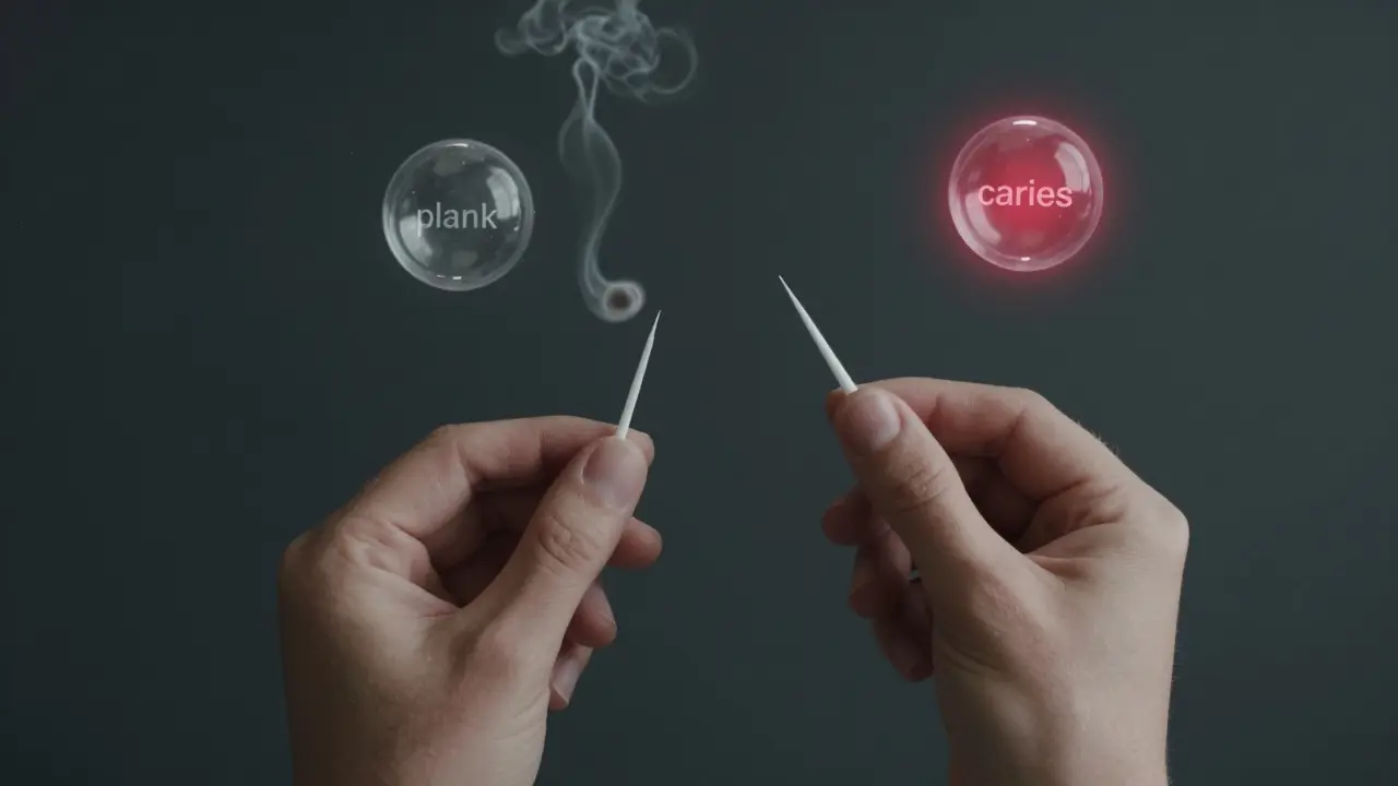 Konceptuální obraz zubní nitě s průhlednými bublinami reprezentujícími bakterie mezi zuby.