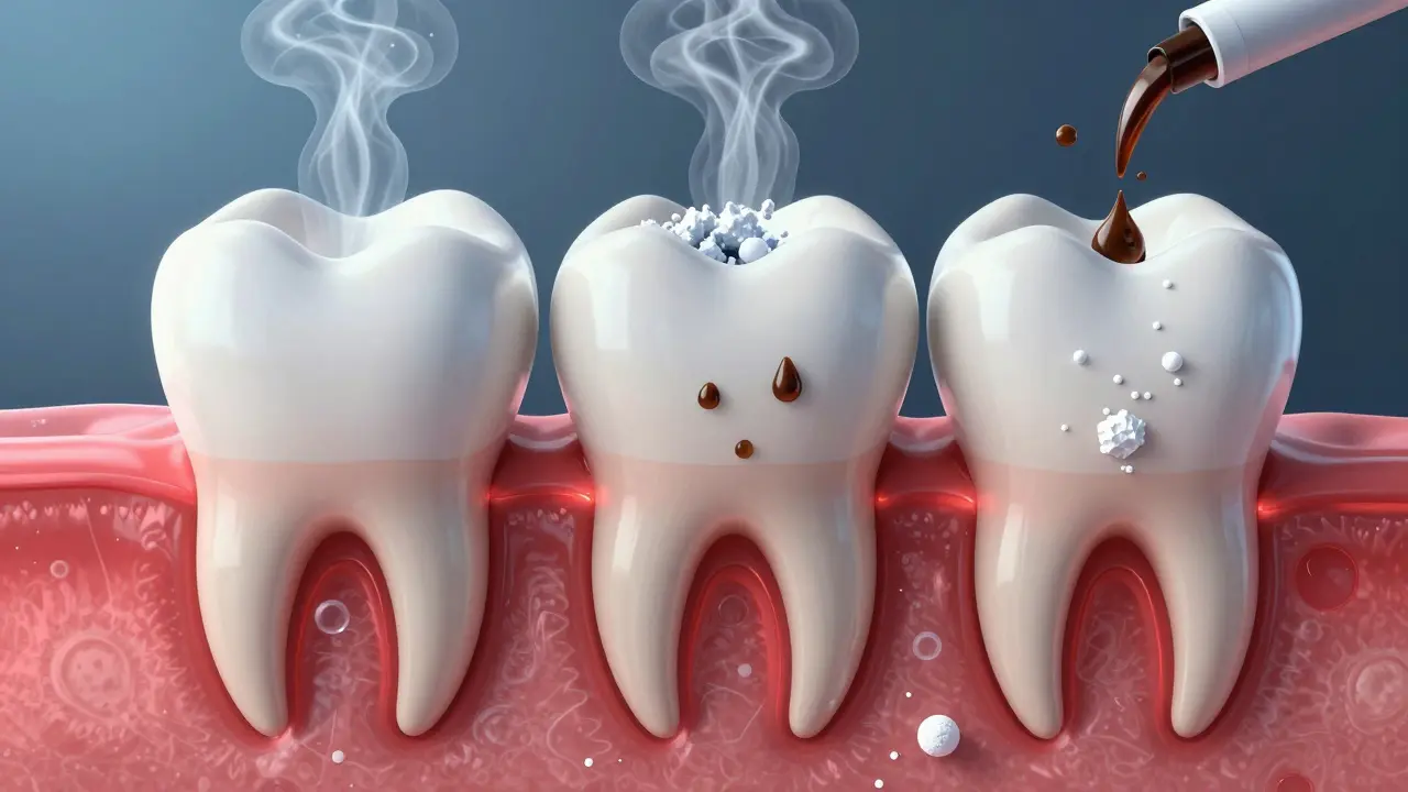 Mikroskopický pohled na zubní kanálky, které se uzavírají minerály, zatímco teplotní stimuly pronikají do zubu.
