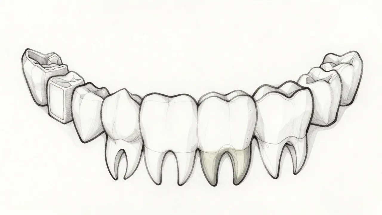 Minimální čárový náčrt symetrické čelisti s abstraktními tvary zubů a zrcadlovým odrazem.