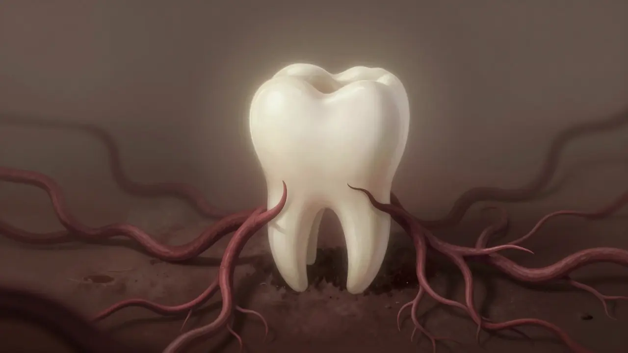 Mrtvý zub jako prázdný obal s rozšiřujícími se infekčními vlákny pod zemí.