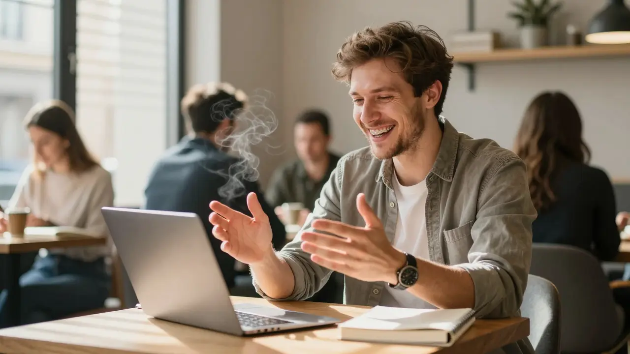 Muž se směje během videovolání v kavárně, jeho zuby jsou rovnoměrné, žádné kovové rovnátka.