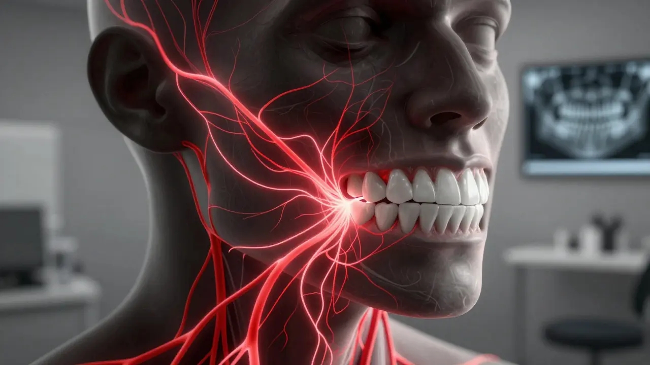 Nervové dráhy z červených zářících signálů vedou od osmiček k předním zubům.