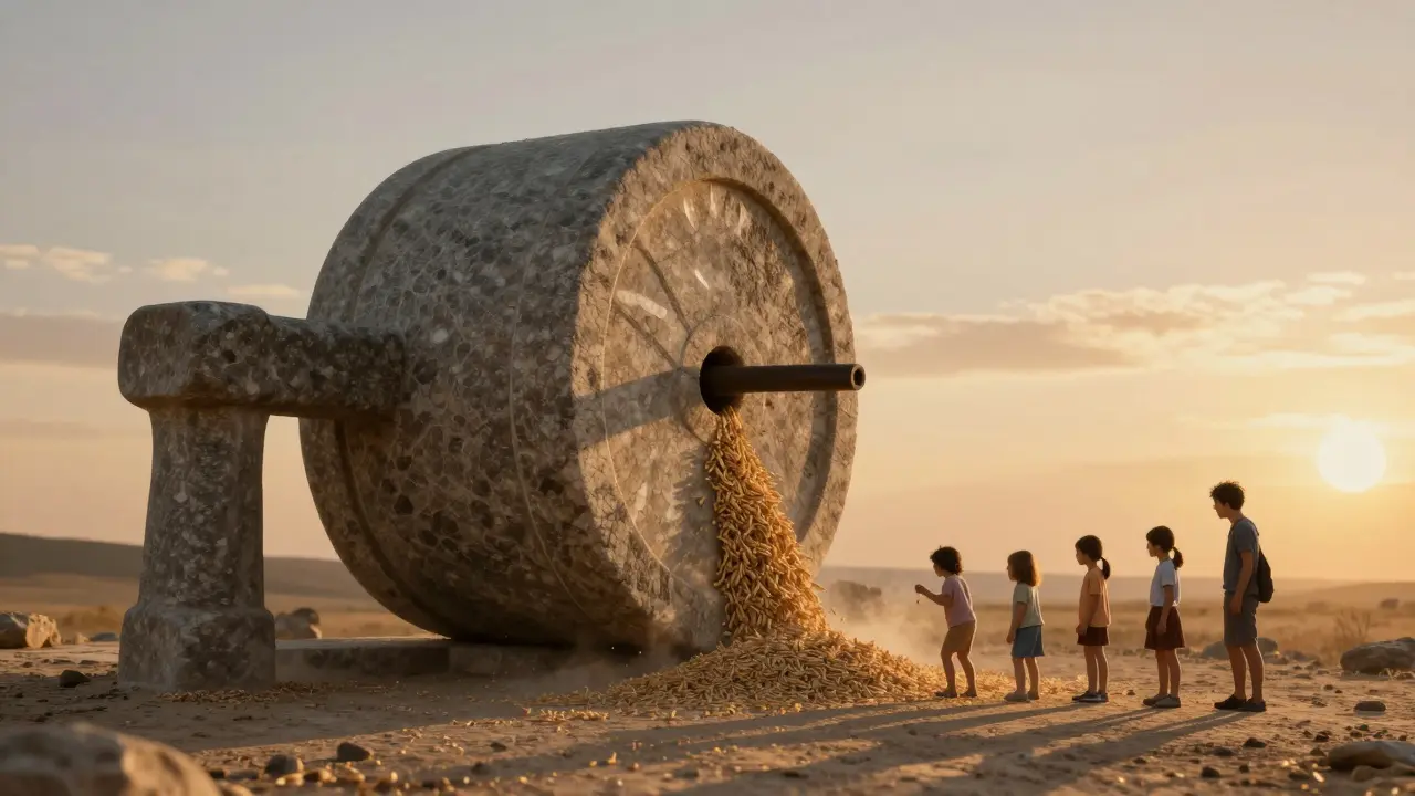 Obří molár jako kámen na mlynářský kámen, který melje obilí za západu slunce.