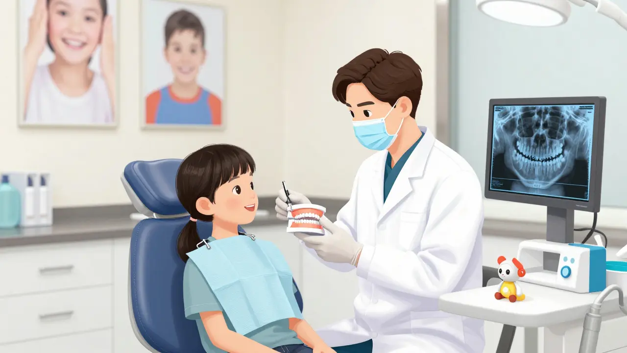 Ortodont prohledává model čelistí s dítětem během první prohlídky ve věku 7 let.