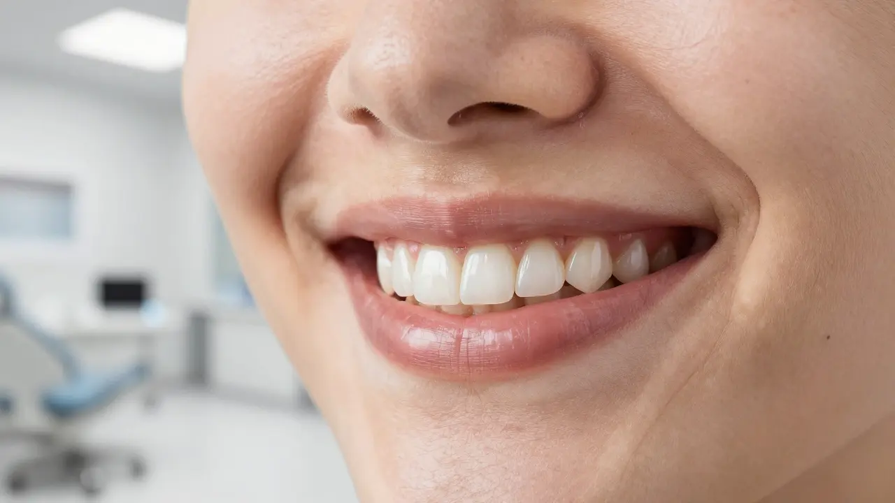 Patient smiling with natural-looking composite veneers in soft daylight.
