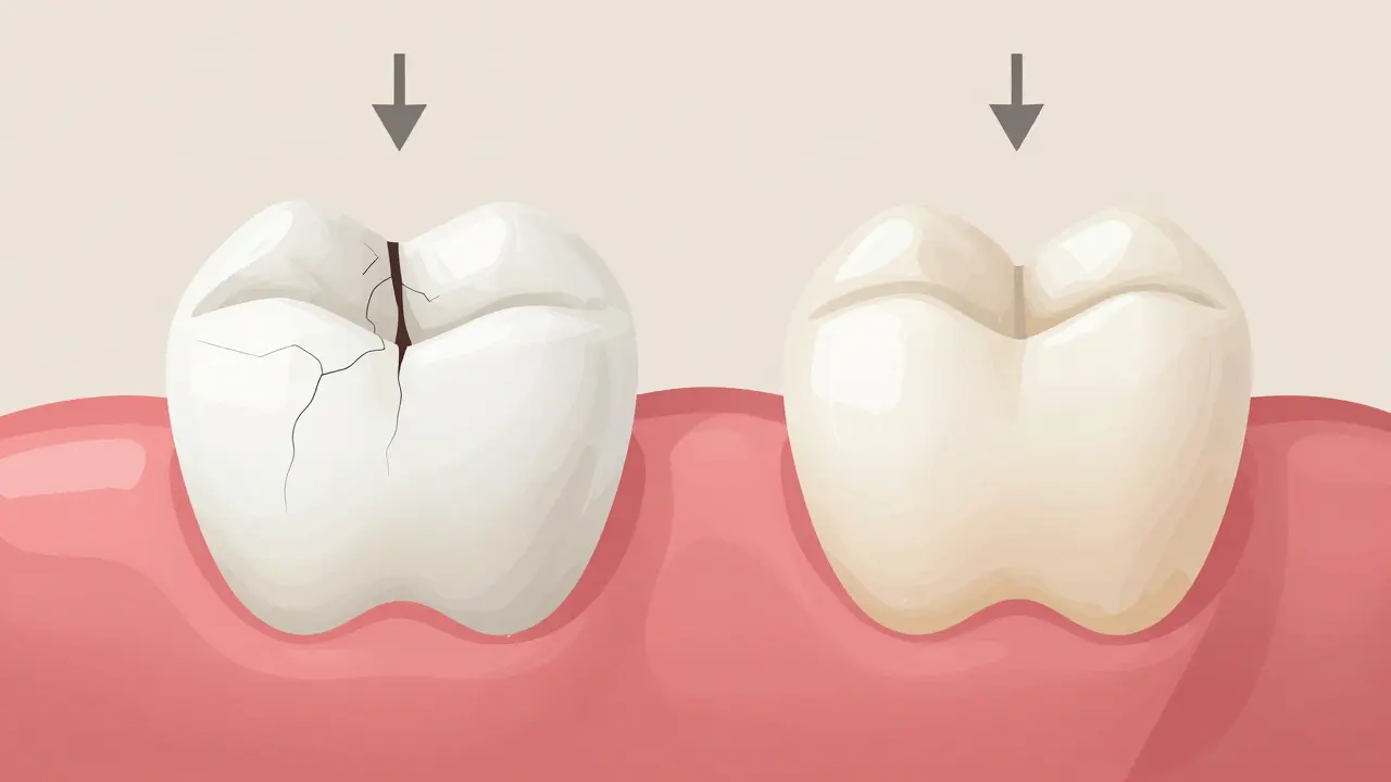 Porovnání kvalitní a nízkokvalitní bílé plomby na zubu.