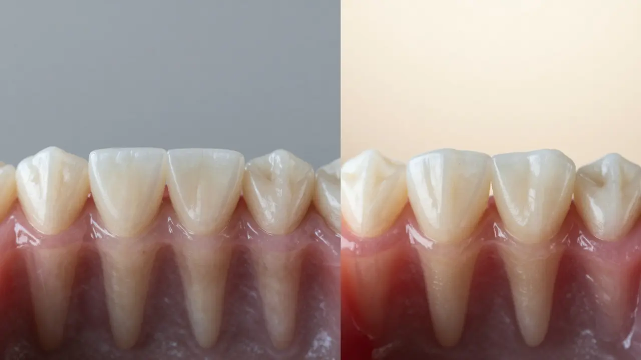 Porovnání zachovaného zubu s onlay a ztraceného zubu s posunutými zuby.