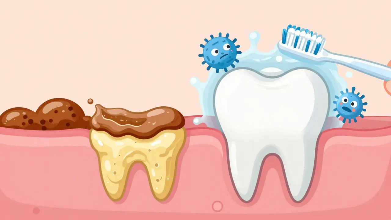 Přehledný náčrt zubu s měkkým plakem, který se mění v tvrdý kámen u dásně.