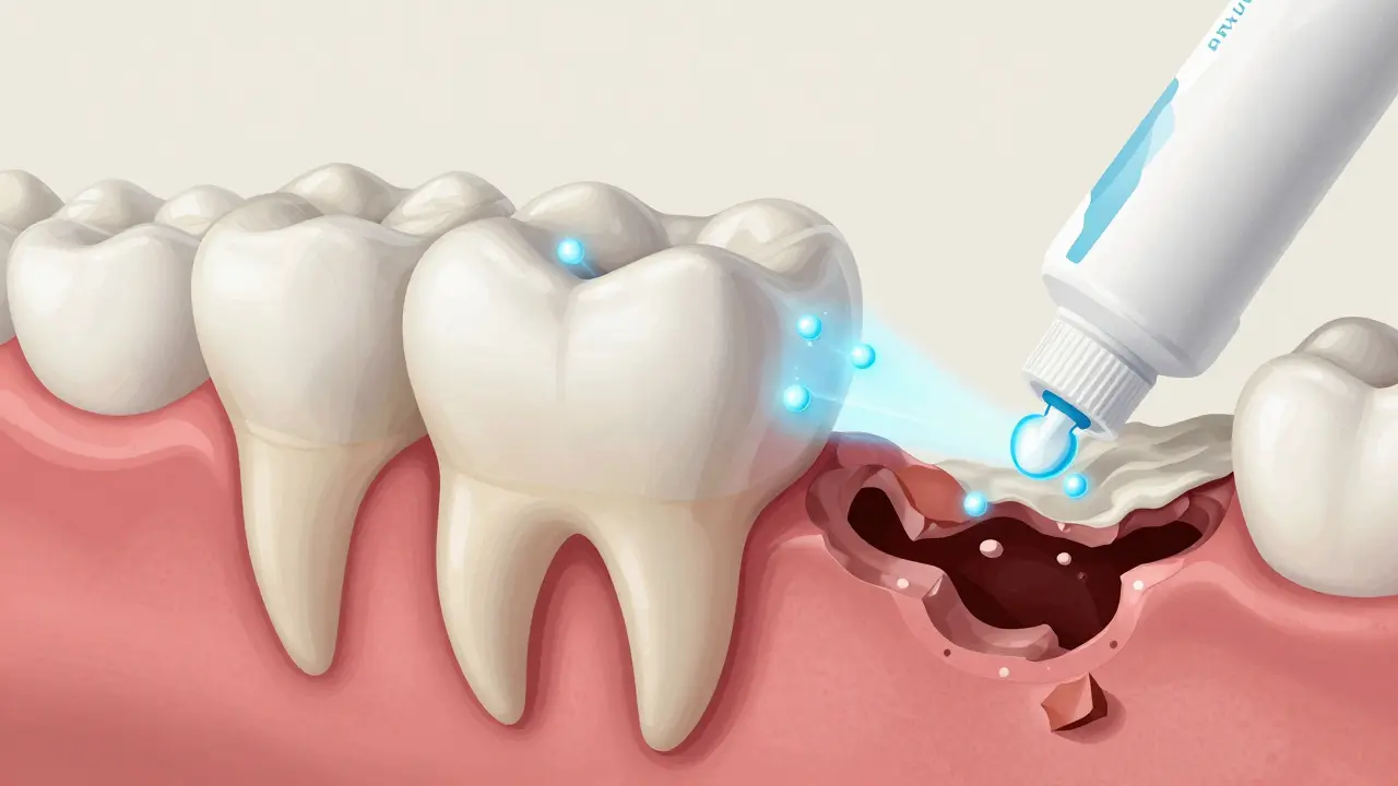 Přehledný výřez zubu ukazující nárust zubního kamene a fluoridovou ochranu emailu.