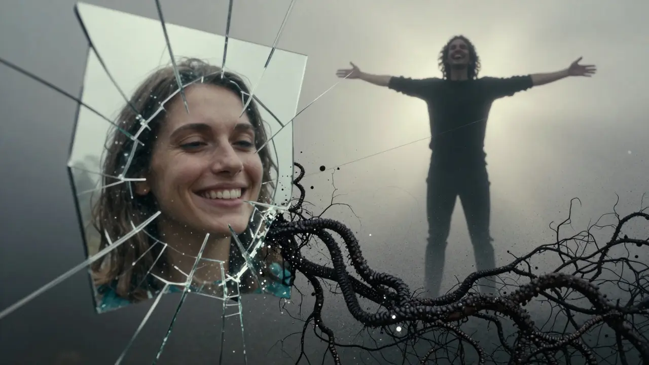 Rozpadající se černý kámen na zubech přechází v světlo a úsměv.