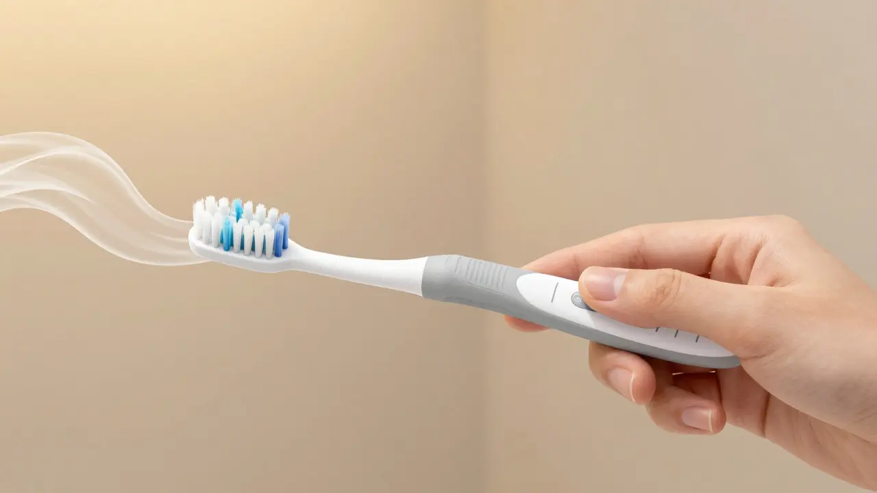 Rukojeť kartáčku Curaprox s časovačem v ruce při čištění zubů.