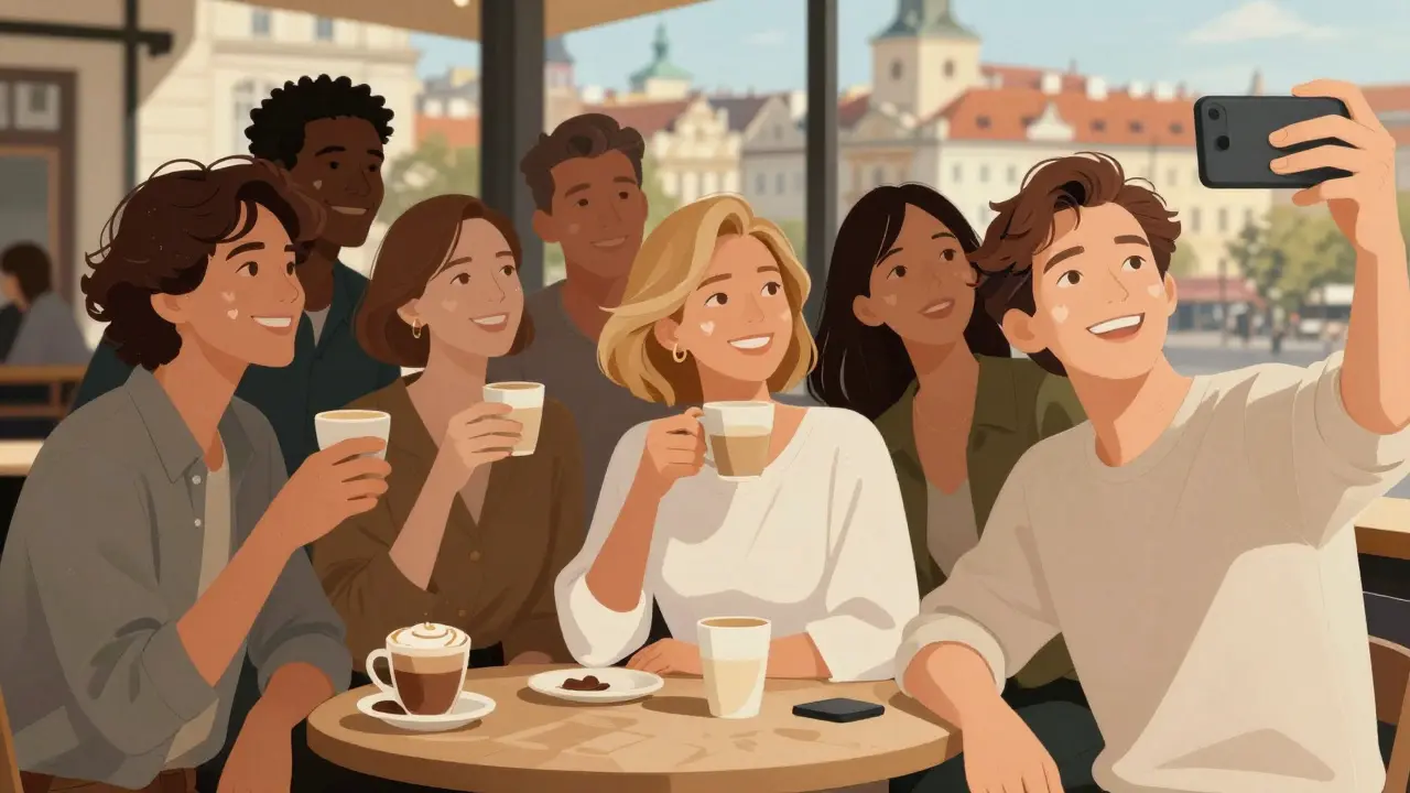 Skupina lidí v pražském kavárně směje, všichni s přizpůsobenými fazetami v přirozených odstínech.