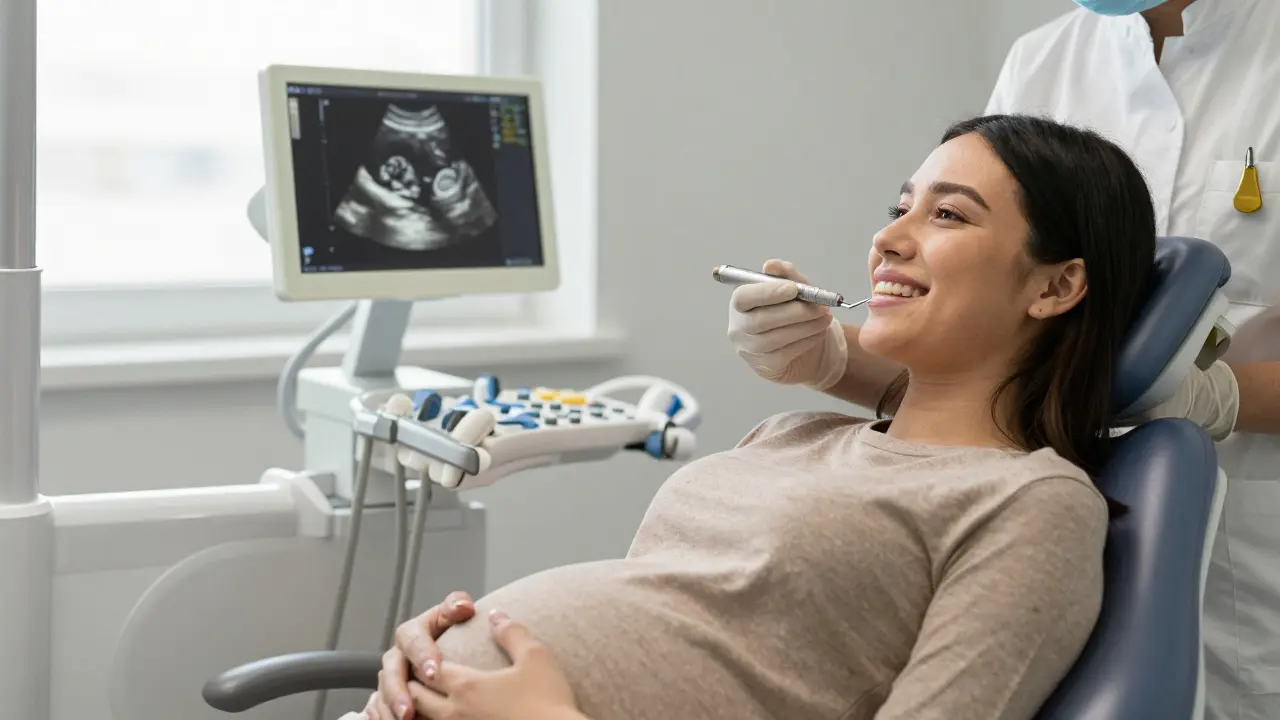 Těhotná žena dostává zubní hygienickou péči s ultrazvukem plodu na pozadí.