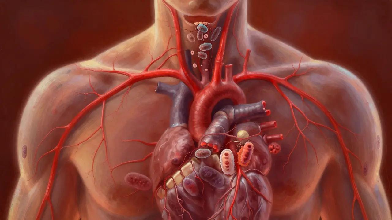 Tělo s viditelnými zánětlivými cévami spojujícími ústa se srdcem.