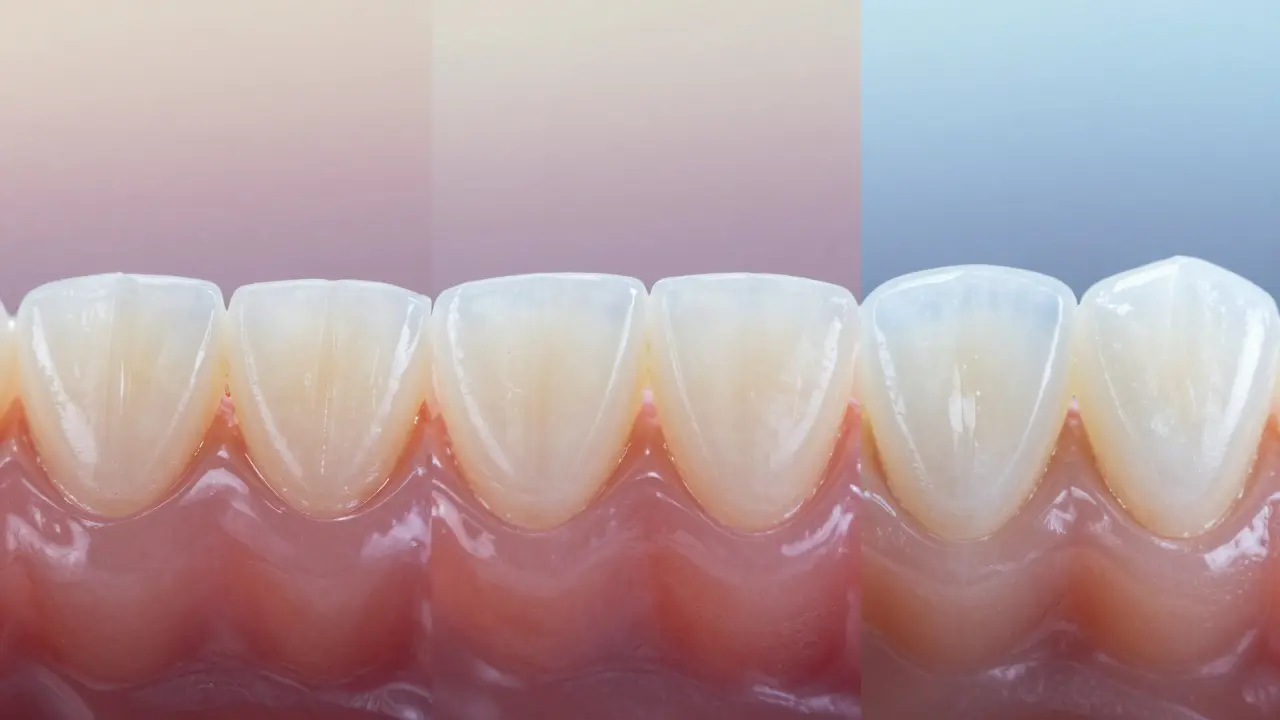 Three composite veneers showing different quality levels: low, medium, and high.