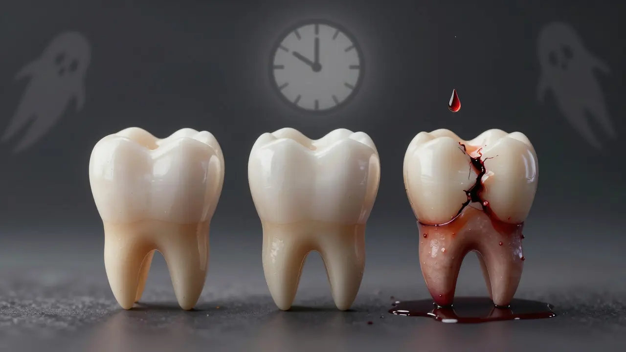 Tři zuby v různých fázích destrukce: zdravý, s plombou a zničený infekcí.