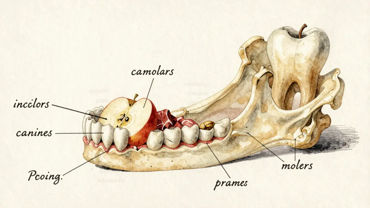 Vodová barva ilustrace čelisti s funkcemi jednotlivých zubů symbolizovanými potravinami.