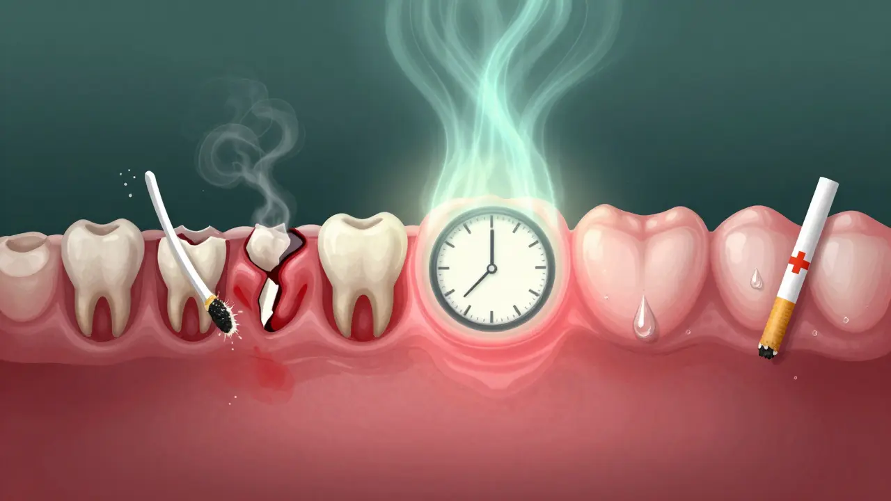 Vývoj hojení dásní po kyretáži: zánět vs. zdravé tkáně s vodou a kouřem jako symboly.