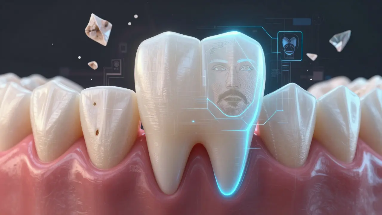 Zub v digitálním návrhu s holografickými úpravami tvaru a barvy podle tváře pacienta.