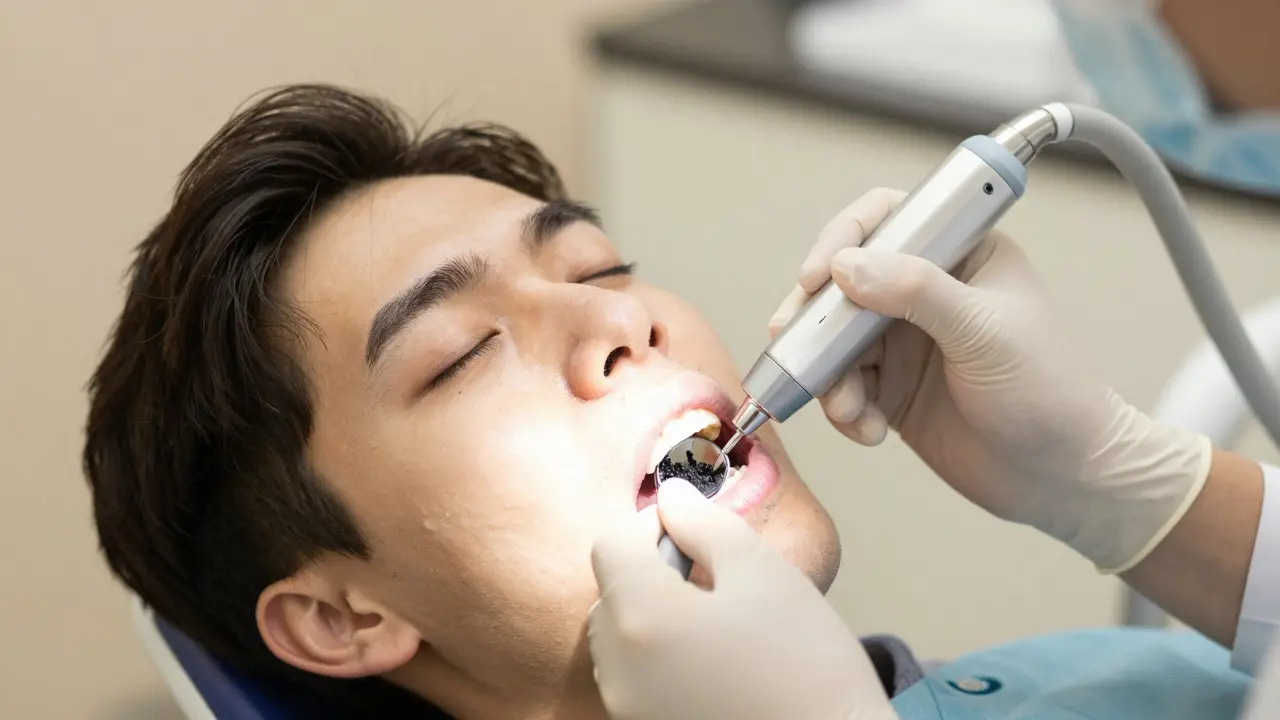 Zubař odstraňuje černý zubní kámen pomocí ultrazvukového čističe.