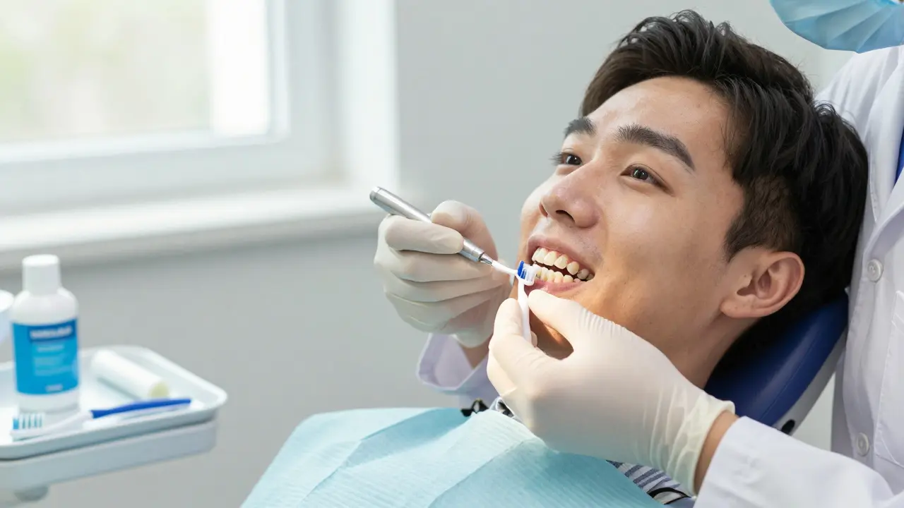 Zubní hygienistka aplikuje fluoridový gel pacientovi po ortodoncii.