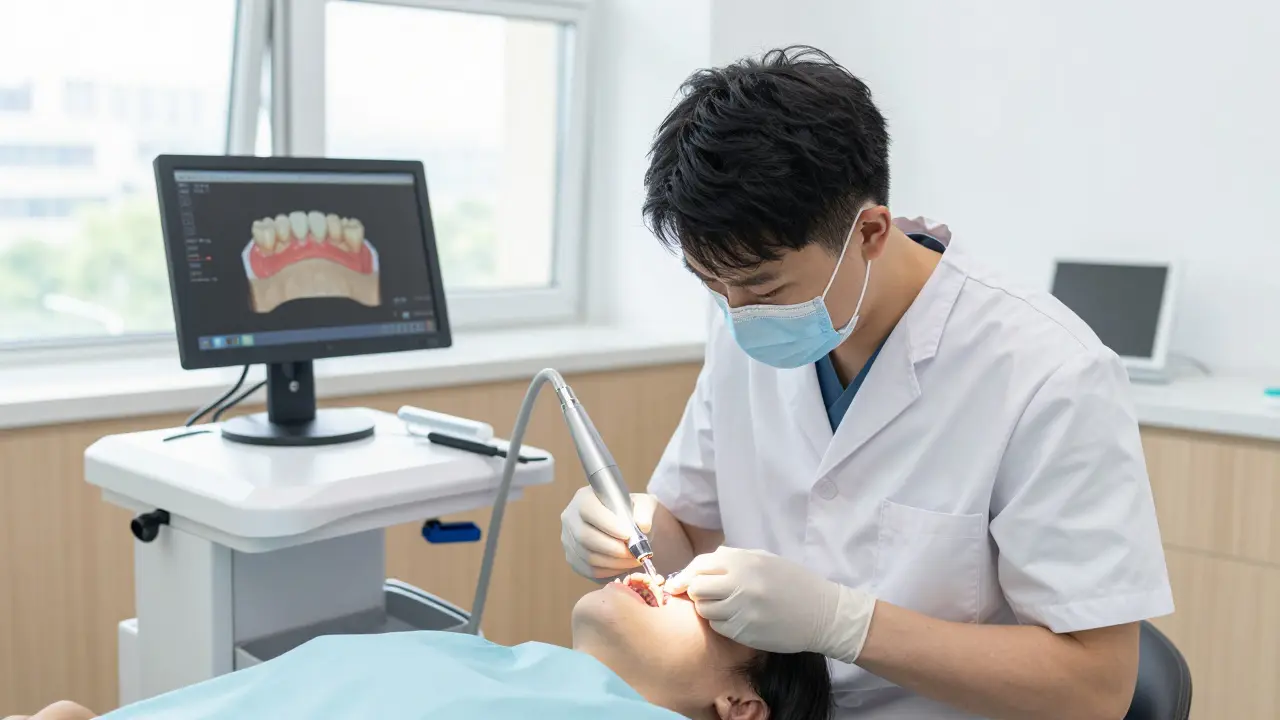 Zubní lékař vkládá keramickou onlay do moláru v moderní klinice.