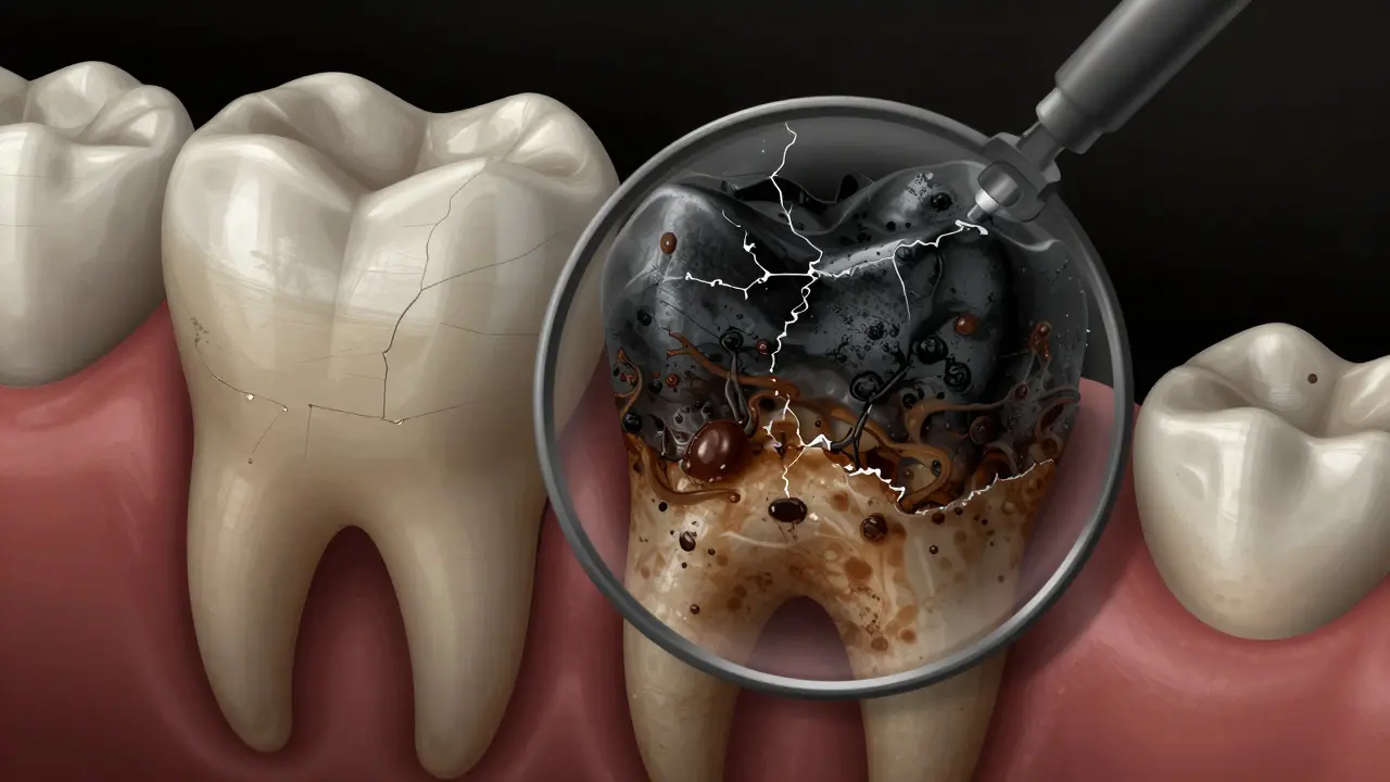 Zvětšený pohled na černý zubní kámen na zubu s patrnými barvivy z kávy a čaje.