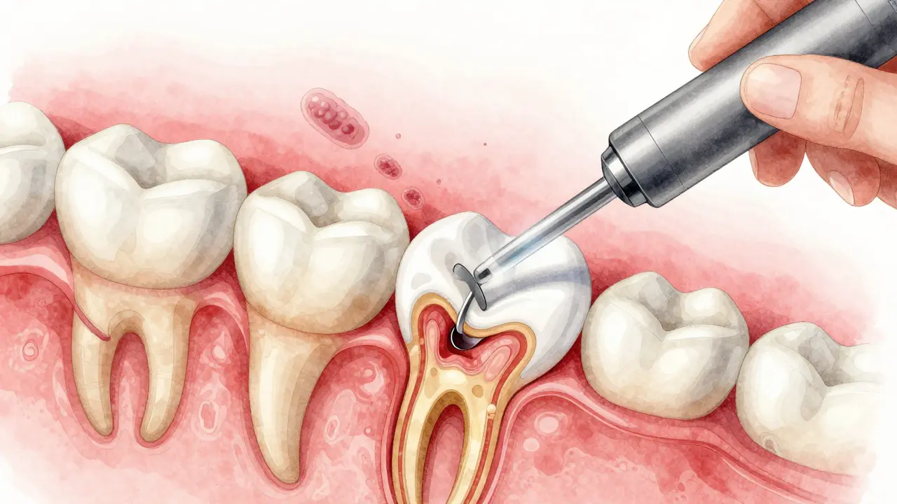 Zvětšený pohled na zub s odstraněním kazu a aplikací plomby.
