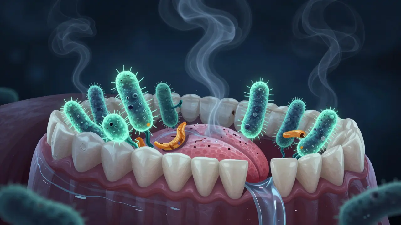 Bakterie na zubech a jazyce v noci, produkující zápachové plyny.