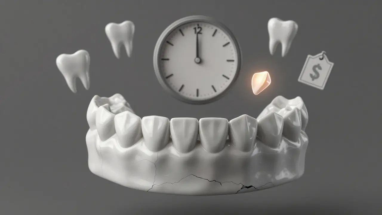 Ceramic veneer floating above an eroded jawbone with clock and cost icons nearby.