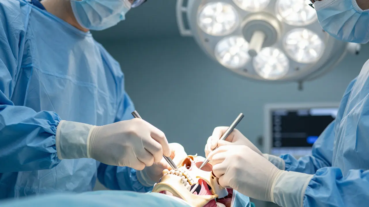 Chirurg pracuje s titanovými destičkami během maxilofaciální operace