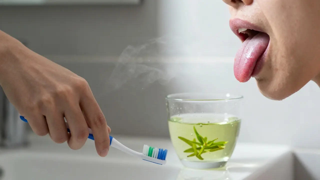 Čištění jazyka a zubů ráno proti podkusu.