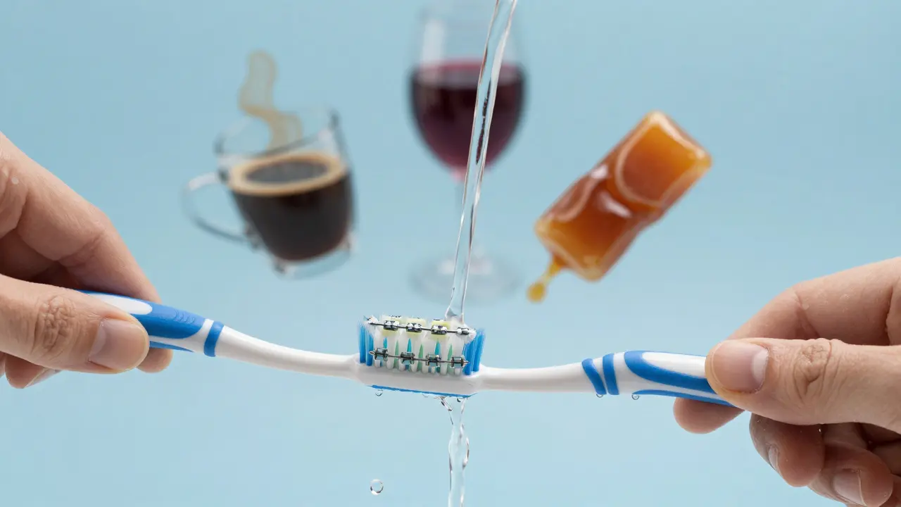 Čištění keramických rovnátek zubní kartáčkem, zatímco v pozadí visí obrazy kávy a červeného vína.