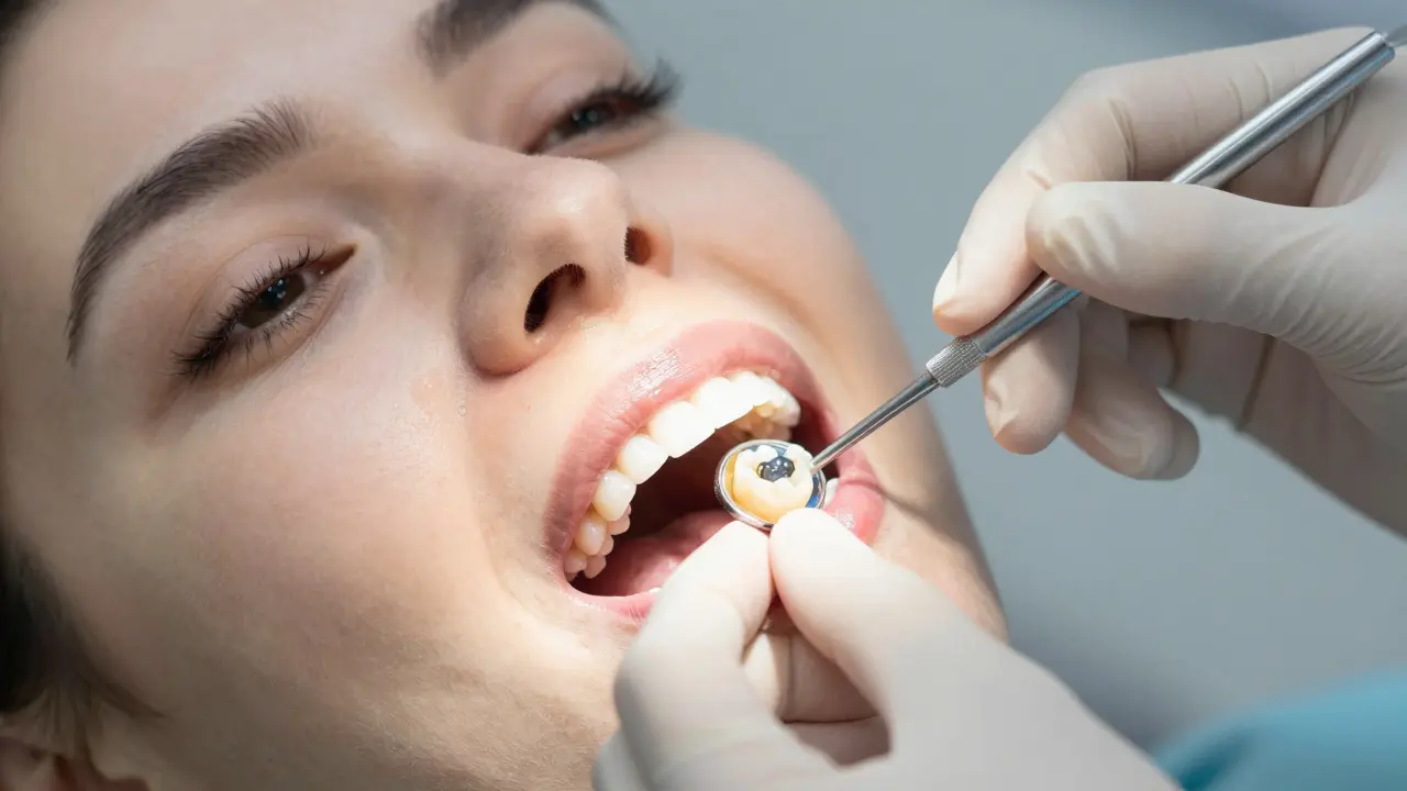 Dentist placing a final crown on a prepared tooth.
