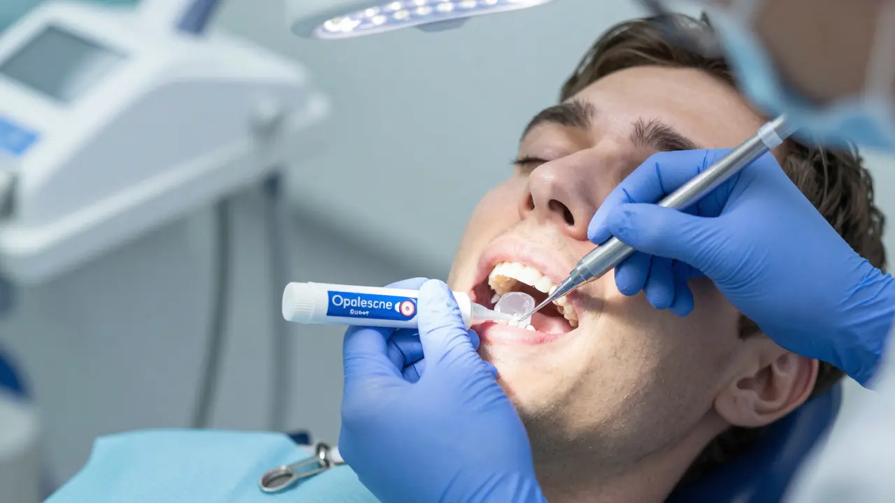 Dentista aplikuje bělící gel pacientovi v ordinaci