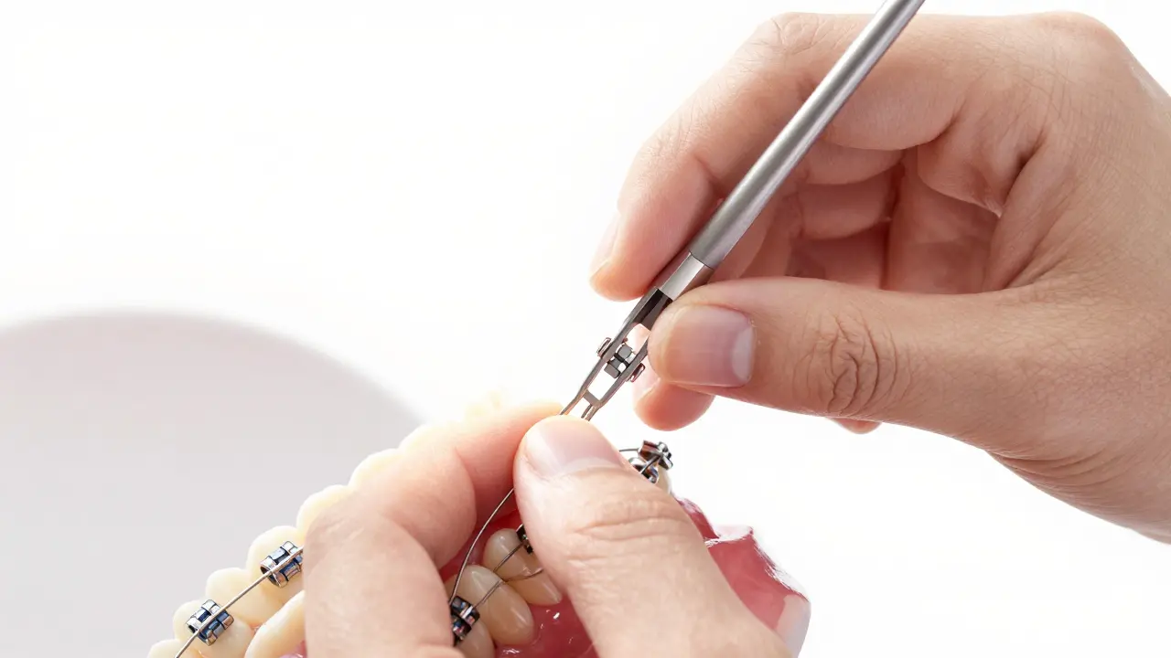 Dentista upravuje metalické brakety pacientovi v ordinaci