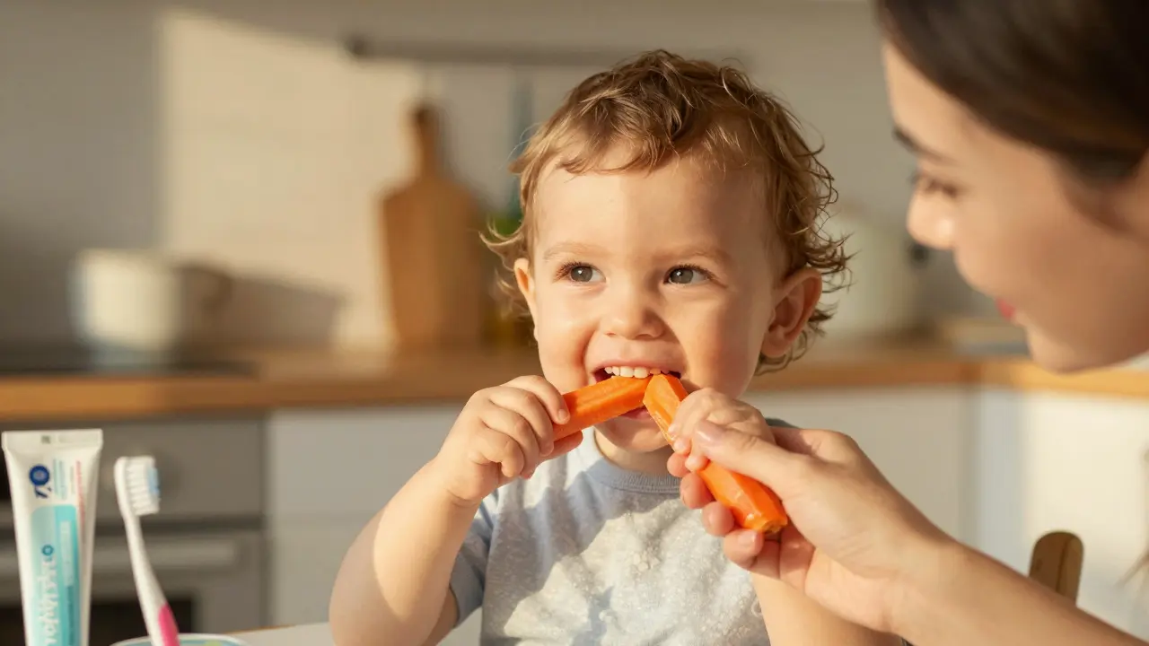 Dítě žvýká chladnou mrkev, má plnou sadu mléčných zubů.