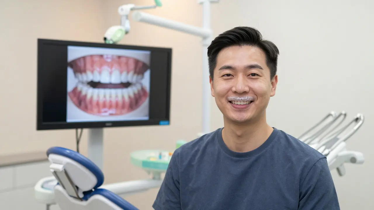 Dospělý muž s průhlednými zubními spláčky v ortodontické ordinaci, na obrazovce 3D sken zubů.