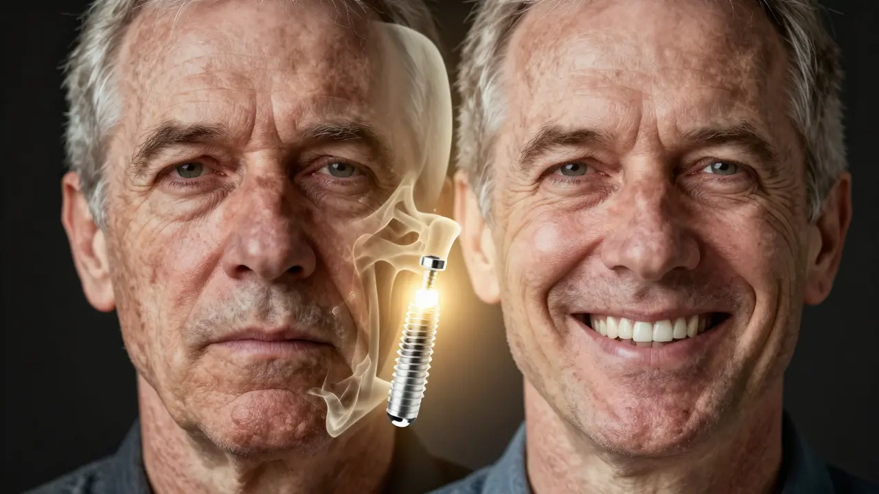 Dva obličeje: jeden s opadlou čelistí, druhý s obnovenou tváří díky implantátu.