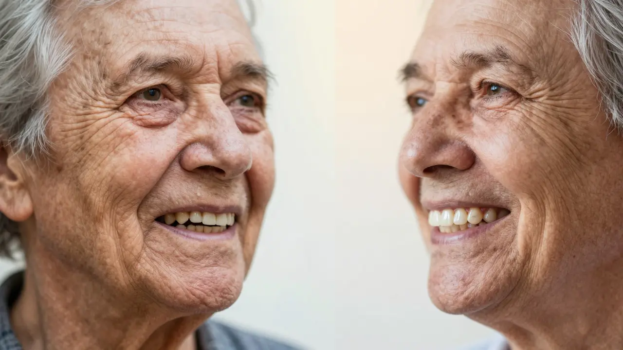 Dvě strany jedné osoby: jedna s poškozenými zuby a opadlou tváří, druhá se zdravým úsměvem po léčbě.