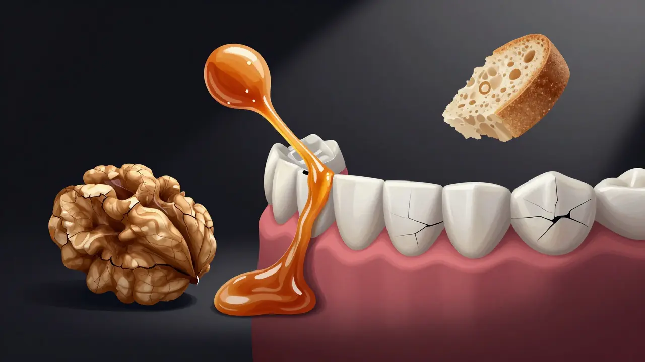 Keramická rovnátka poškozená tvrdými a lepivými potravinami.